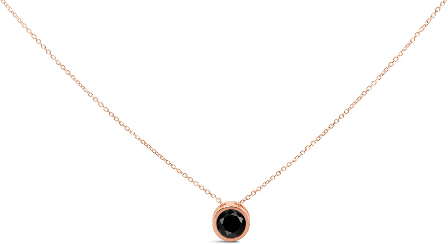 14K Rose Gold Bezel Set Black Round Diamond Solitaire Pendant Necklace Black Color I2 I3 Clarity   18
