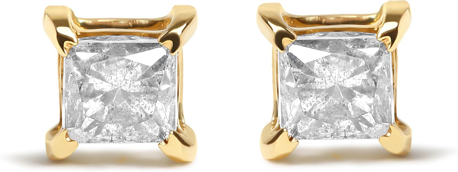 10K Yellow Plated 925 Sterling Silver Princess Cut Diamond Push Back 4 Prong Classic Stud Earrings J K Color I2 I3 Clarity