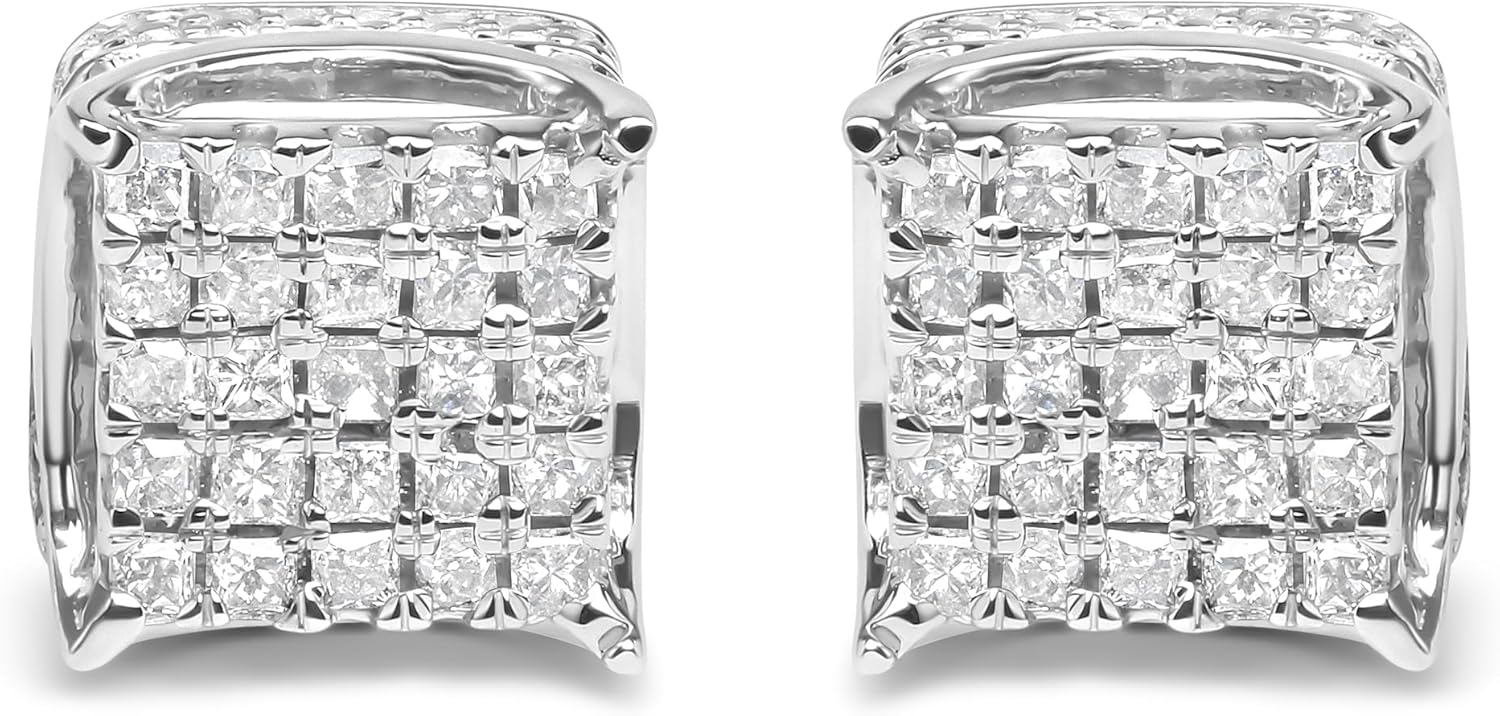 10K White Gold 12 Cttw Princess Cut Diamond Square Shaped Multi Stone Stud Earrings H I Color SI1 SI2 Clarity