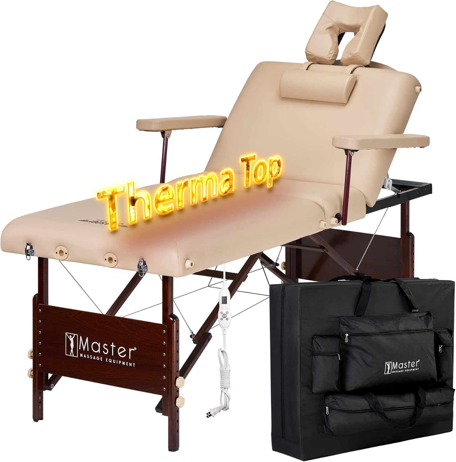 Master Massage 30" Del Ray Beauty Salon Lash Bed with Therma Top-Heated Portable Massage Table Package-Wooden Tattoo Table with 3 Section Tilting Backrest and Memory Foam (Beige)
