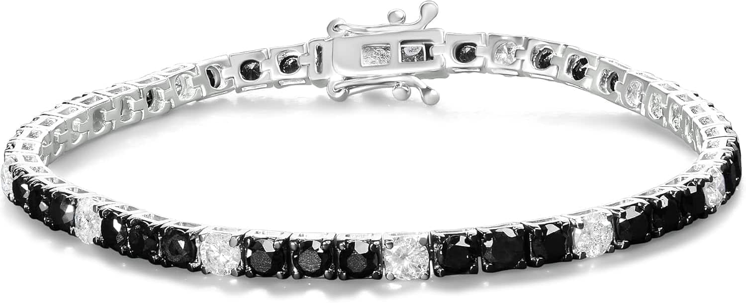 925 Sterling Silver Black and White Diamond Tennis Bracelet I J Color I2 I3 Clarity   725 Inches