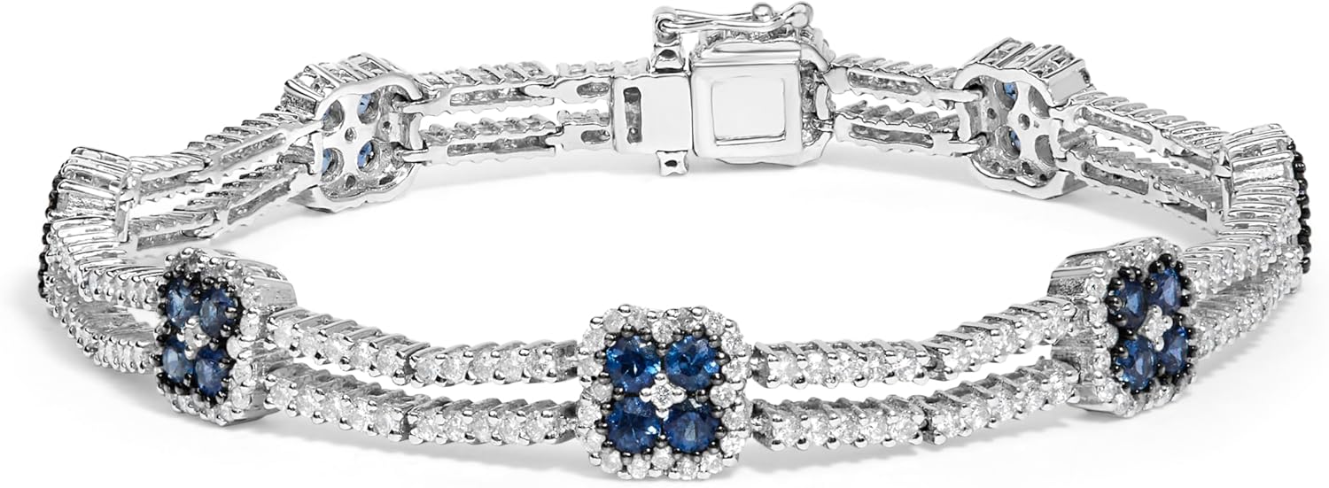 18K White Gold 2 34 Cttw Diamond and 3x3MM Sapphire Double Row Link Bracelet G H Color VS1 VS2 Clarity   7 Inches