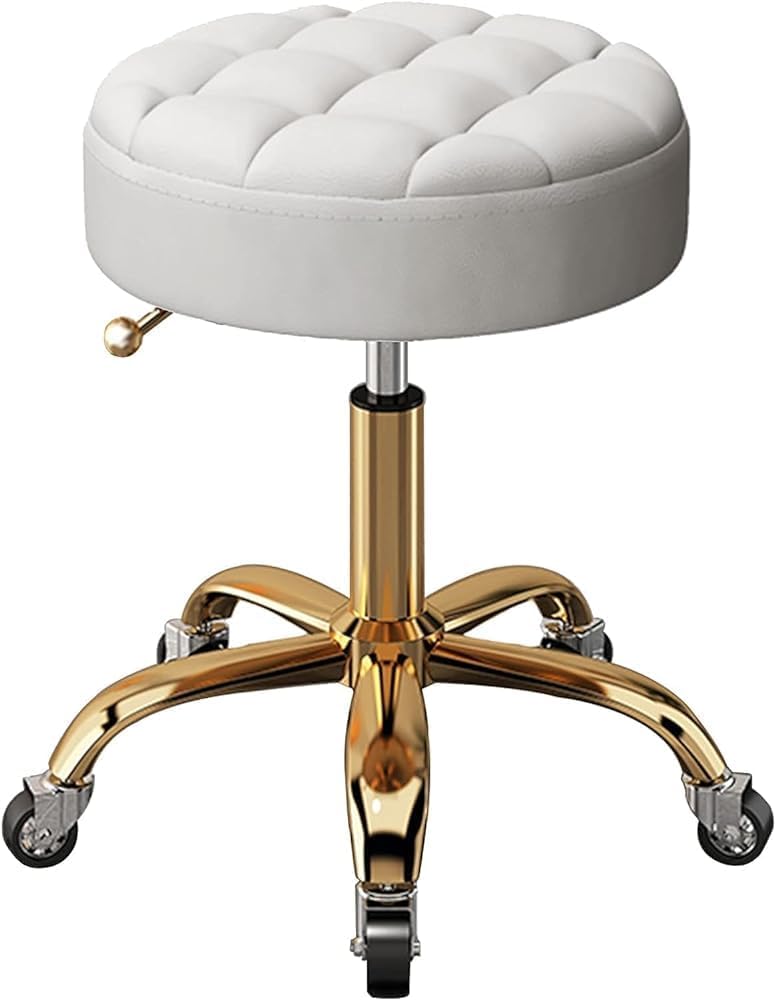 Metal Titanium Gold Rolling Bar Stool Counter Work Stool Adjustable Round Swivel Chair with 5 Claws Wheels- for Beauty Salon-A