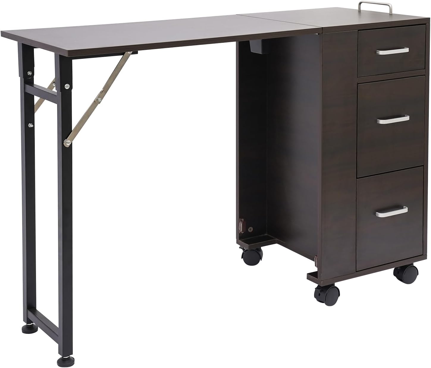 Rolling Manicure Table with Foldable Top and 4 Lockable Wheels, 3-Tier Storage Drawers Nail Art Desk, Beauty Salon Station, Mobile Makeup Tables for Small Spaces, Easy Assembly (Brown)