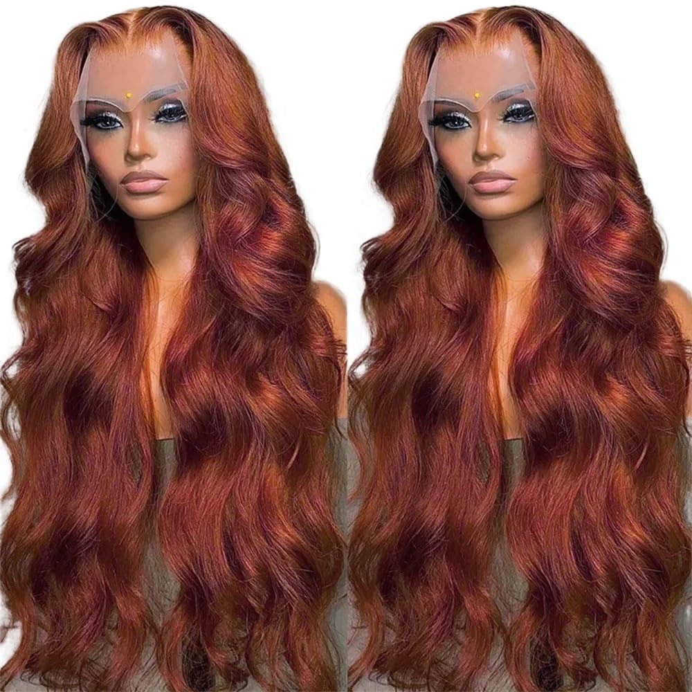 Hair Wigs 1PCS Hidden Strap Body Wave 360 Glueless Wig Human Hair Reddish Brown Pre Bleached Human Hair Wig With Drawstring Full Lace Front Wig(REDDISH BROWN_34INCHES)