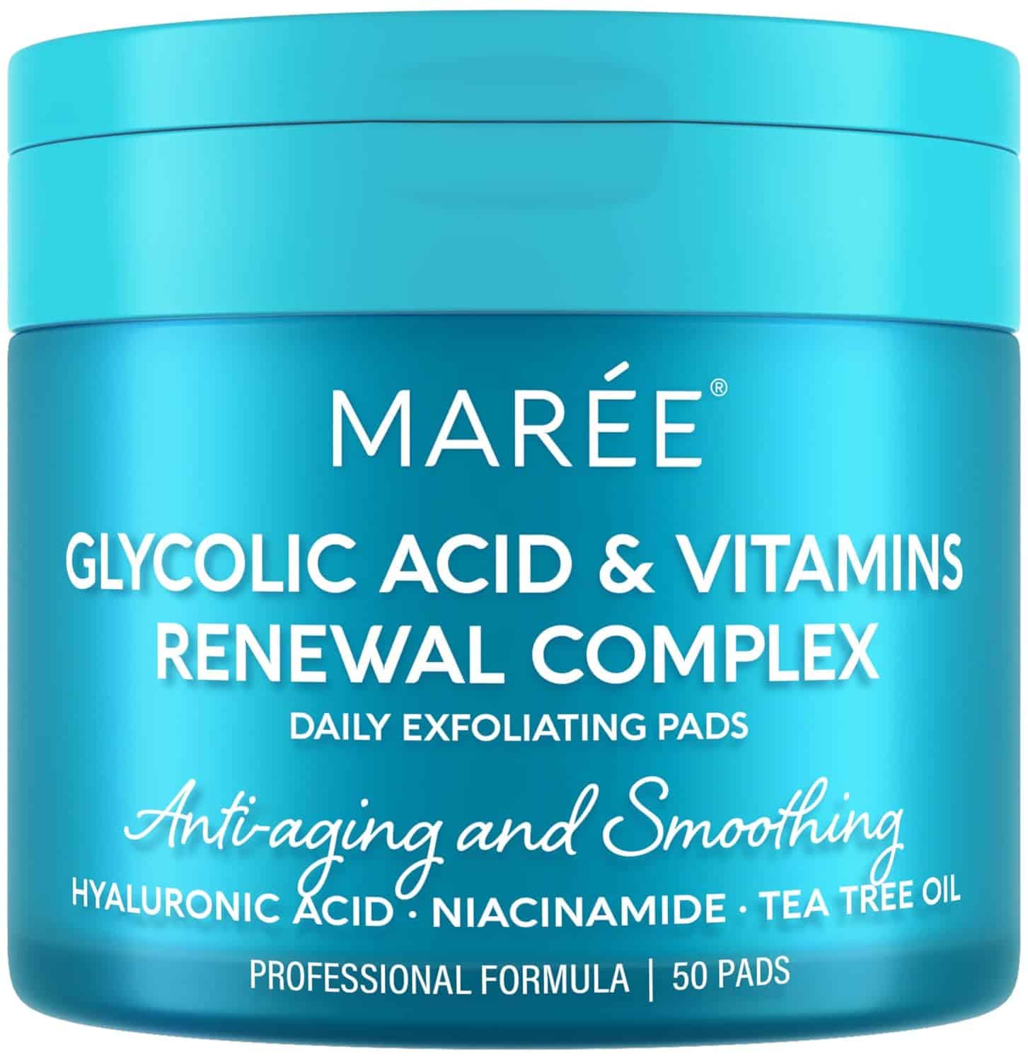 MAREE Glycolic Acid Pads - Toner Pads for Face Cleansing - Exfoliating Pad with Tea Tree Oil, Salicylic Acid & Vitamins E, B3, B5 - Acne Clearing, Skin Pore Resurfacing & Radiance Device - 50 Count