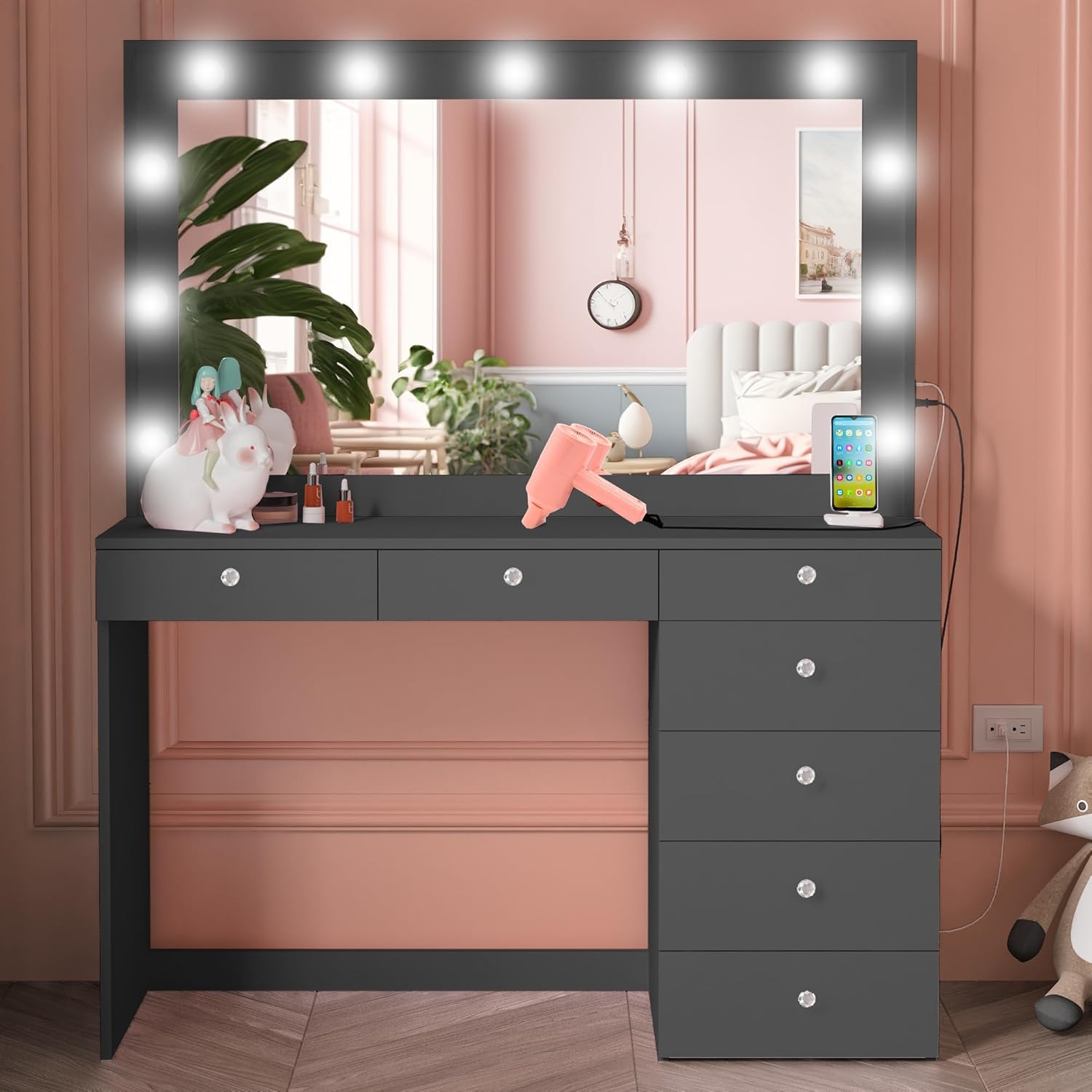 Boahaus Diana Large Makeup Vanity Desk with Hollywood Vanity Mirror Built in Lights 7 Drawers Large Top Crystal Knobs Black Makeup Table for Bedroom 582 H x 472 W x 177 D