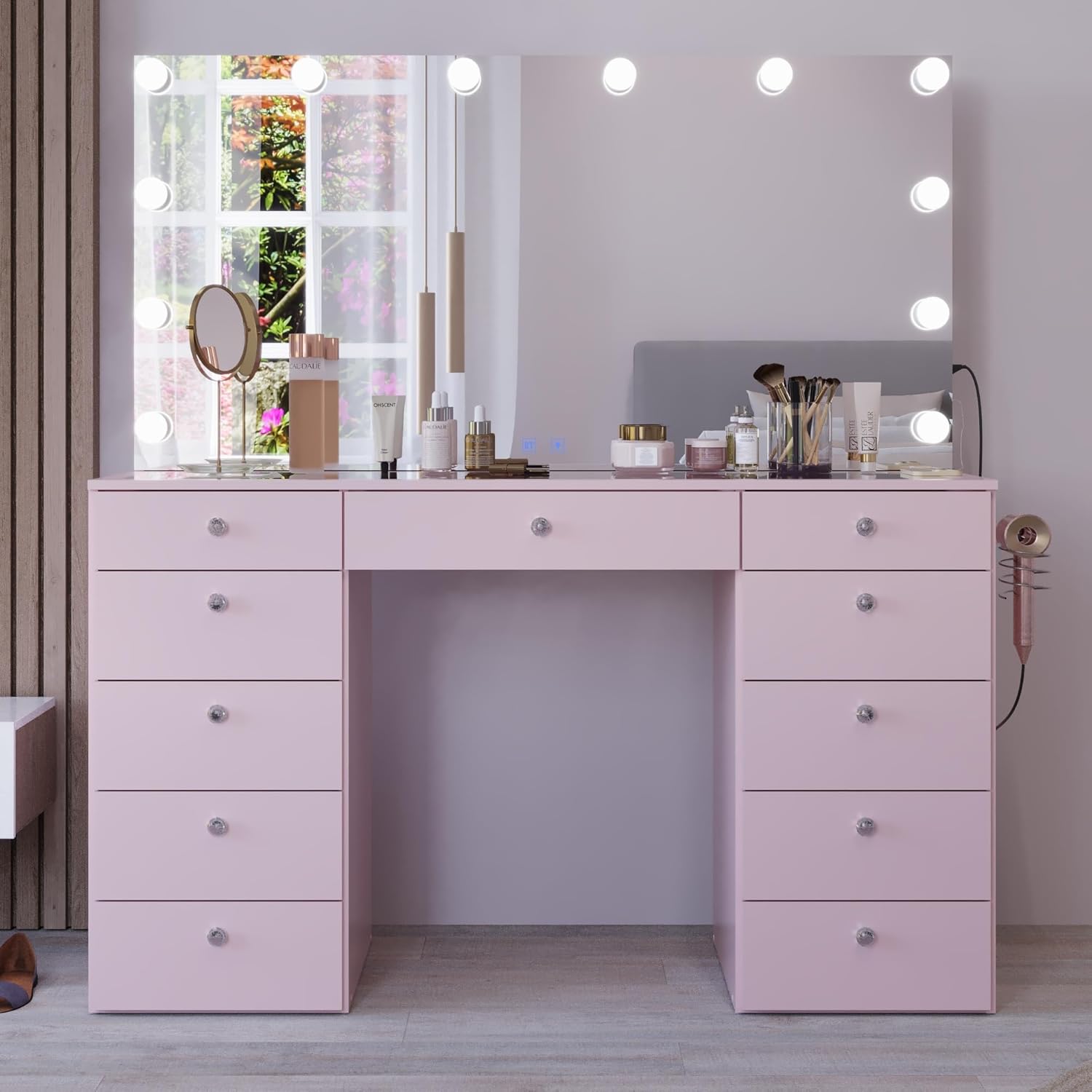 Boahaus Orla Extra Large Makeup Vanity Desk with Hollywood Lights 11 Drawers Hair Dryer Hanger USB Type C  Type A Power Outlet for Beauty Tools Glass Top Crystal Knobs  Premium Pink Finish